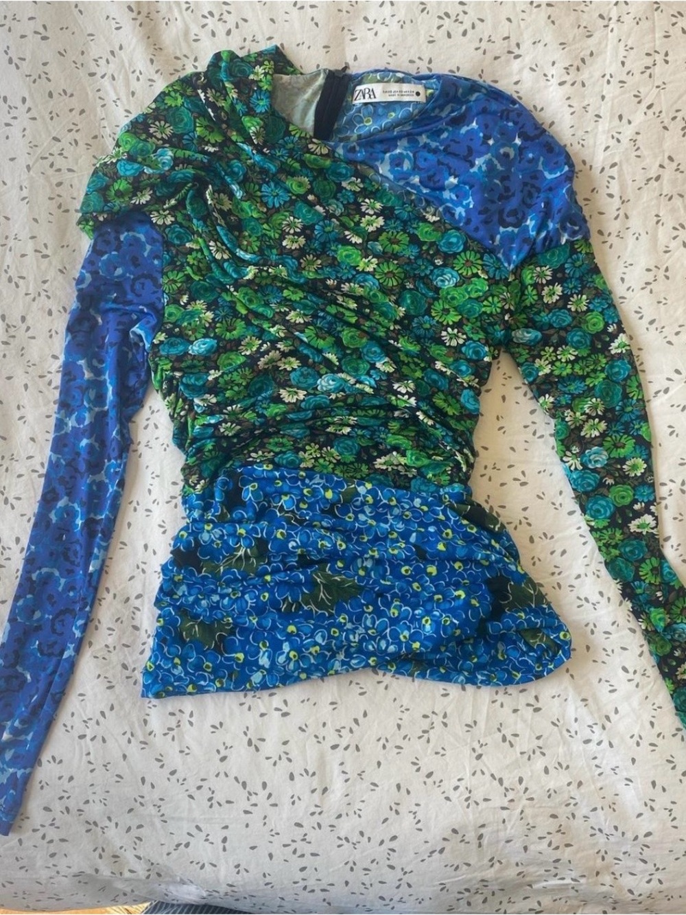 Zara Blue & Green Mixed Floral Long Sleeve Top